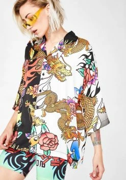 Jaded London Half N' Half Oversized Dragon Print Shirt Tops