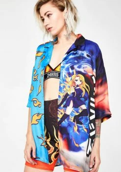 Jaded London Tops Half Flame Half Anime Printed Shirt
