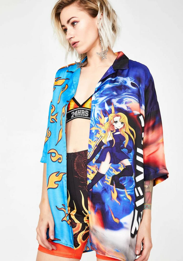 Best deal ๐ Jaded London Tops Half Flame Half Anime Printed ๐ Shirt ๐ฏ 4 Jaded London Tops Half Flame Half Anime Printed Shirt