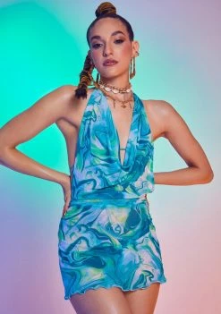 Jaded London Green Marble Print Halter Dress Dresses