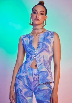 Jaded London Blue Marble Print 90s Fit Knitted Shell Top