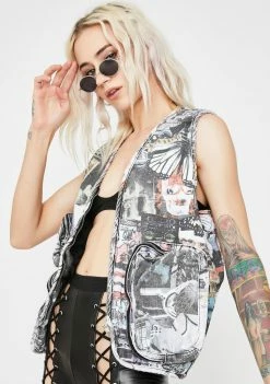 Jaded London Outerwear Collage Print Denim Utility Vest