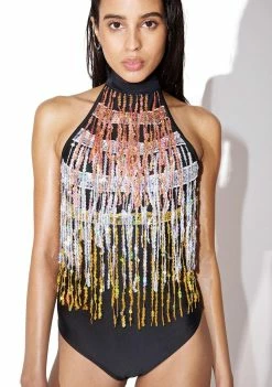 Jaded London Sequin Fringe High Neck Bodysuit Tops