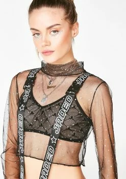 Jaded London Tops Diamante Mesh Crop Top