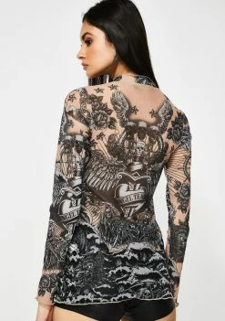 Jaded London Tattoo Print Mesh Top