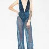 Jaded London Diamante Shimmer Plunge Mesh Flared Catsuit