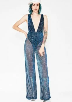 Jaded London Diamante Shimmer Plunge Mesh Flared Catsuit