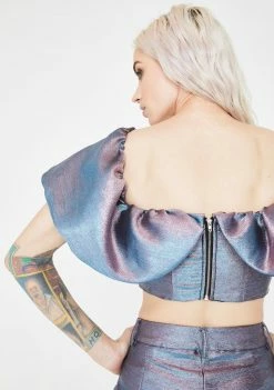 Jaded London Tops Pink Blue Metallic Puff Sleeve Crop Top