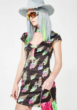 Jaded London Dresses Rainbow Flame Print Cut Out High Neck Mini Dress