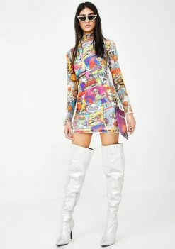 Jaded London Comic Book Print Mesh Mini Dress
