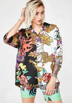 Jaded London Half N' Half Oversized Dragon Print Shirt Tops