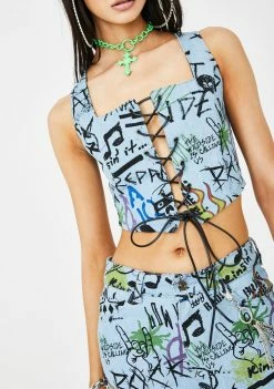 Jaded London Graffiti Print Denim Corset Top Tops