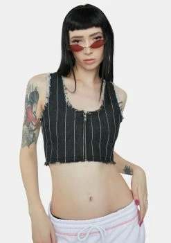 Jaded London Pinstripe Denim Paneled Tank Top Tops