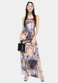 Jaded London Dresses Tiger Print Satin Tie Back Maxi Dress