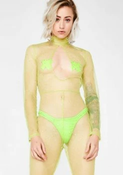 Jaded London Diamante Neon Green Mesh Keyhole Flared Leg Catsuit