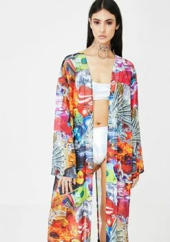 Jaded London Collage Print Flared Sleeve Kimono Outerwear