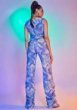 Jaded London Bottoms Blue Marble Print Ruched Hem Knit Joggers