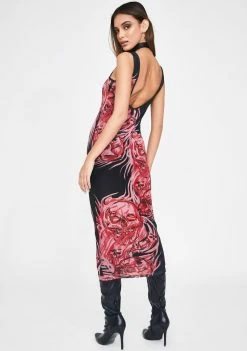 Jaded London Double Layer Mesh Skull Print Midi Dress