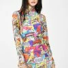 Jaded London Comic Book Print Mesh Mini Dress