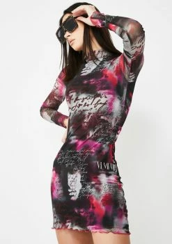 Jaded London Smokey Script Printed Mesh Mini Dress