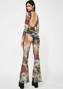 Jaded London Newspaper Print Mesh Flared Catsuit