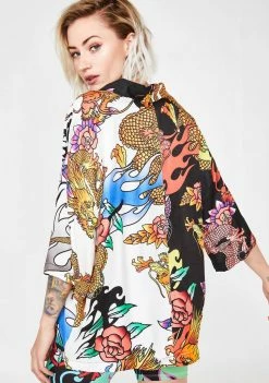 Jaded London Half N' Half Oversized Dragon Print Shirt Tops