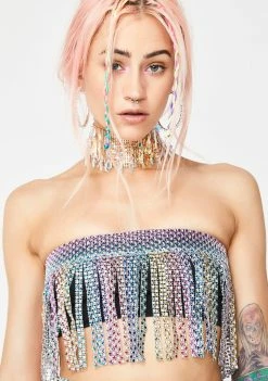 Jaded London Rainbow Diamante Fringe Bandeau Top Tops