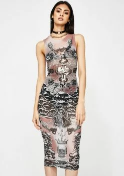 Jaded London Tattoo Print Mesh Midi Dress