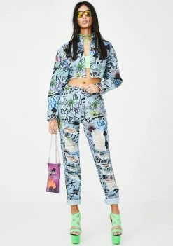 Jaded London Bottoms Graffiti Print Extreme Rip Denim Jeans
