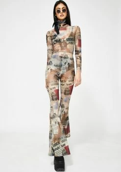 Jaded London Newspaper Print Mesh Flared Catsuit