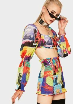 Jaded London Surf Poster Puff Sleeve Organza Top Tops