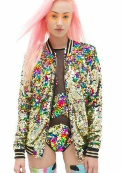 Jaded London Rainbow Sequin Bomber Jacket