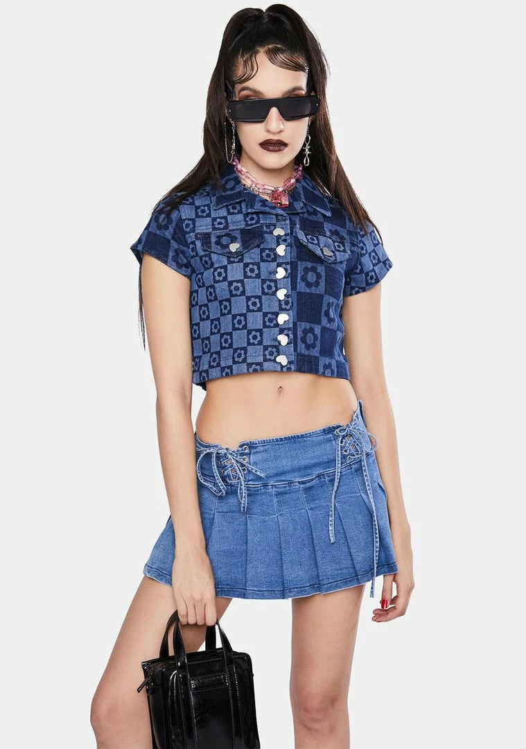 Buy โจ Jaded London Flower Print Short Sleeve Denim Crop Top ๐ 3 Jaded London Flower Print Short Sleeve Denim Crop Top