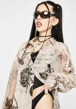 Jaded London Mystic Tattoo Chiffon Button Up Shirt Tops
