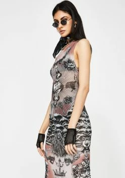 Jaded London Tattoo Print Mesh Midi Dress