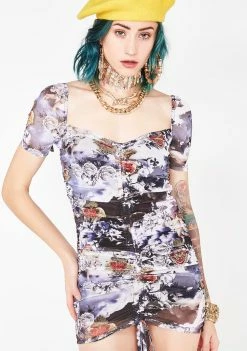 Jaded London Cherub Print Ruched Mesh Mini Dress