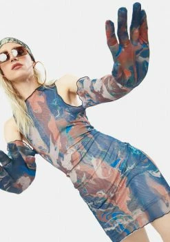 Jaded London Dresses Marble Print Cold Shoulder Glove Detail Mesh Mini Dress