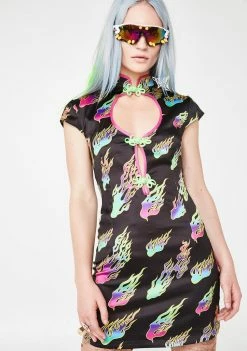 Jaded London Dresses Rainbow Flame Print Cut Out High Neck Mini Dress