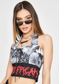 Jaded London Gothic Print Lace-Up Denim Halter Top