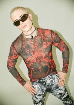 Jaded London Tops Space Game Print Mesh Long Sleeve Top