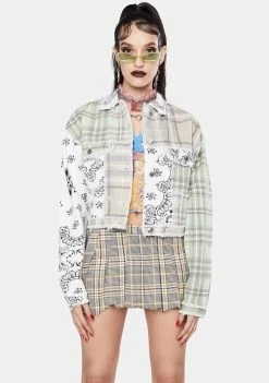 Jaded London Patchwork Bandana Cropped Denim Jacket Outerwear