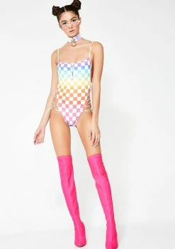 Jaded London Rainbow Checkerboard Lace Up Swimsuit