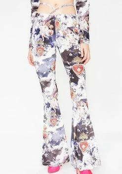 Jaded London Bottoms Cherub Print Velvet Flares With Heart Thong Detail