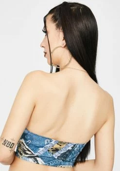 Jaded London Patchwork Denim Chain Halter Top