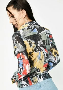 Jaded London Magazine Print Fitted Button Up Shirt Tops