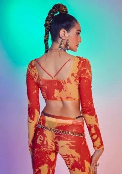 Jaded London Orange Tonal Ripped Magazine Print Mesh Top