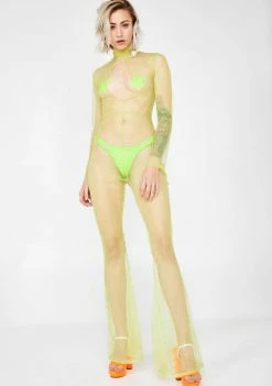 Jaded London Diamante Neon Green Mesh Keyhole Flared Leg Catsuit
