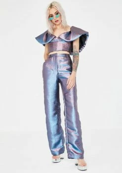Jaded London Tops Pink Blue Metallic Puff Sleeve Crop Top