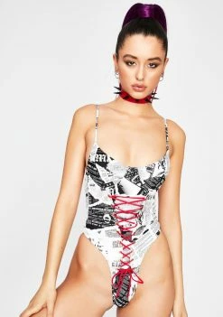 Jaded London Newspaper Print Lace Up Swimsuit