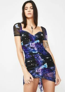 Jaded London 80s Floral Print Ruched Mesh Mini Dress